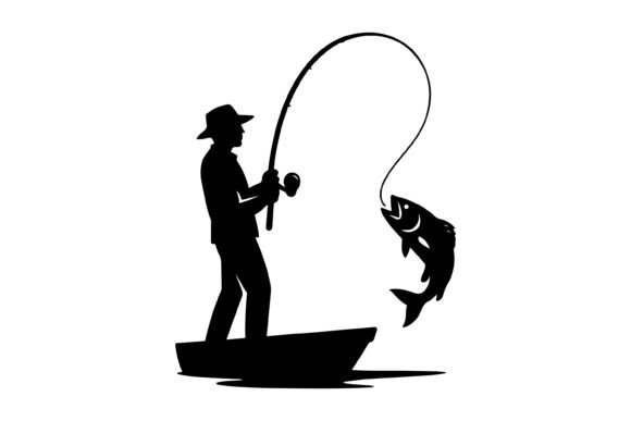 Fisherman Catching Large Fish Silhouette Graphics